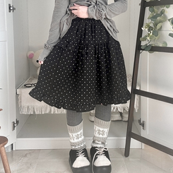 쿠키 빈티지 윈터 미디 모리걸 도트 프릴캉캉 밴딩 미디스커트 블랙