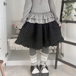 쿠키 빈티지 윈터 미디 모리걸 도트 프릴캉캉 밴딩 미디스커트 블랙