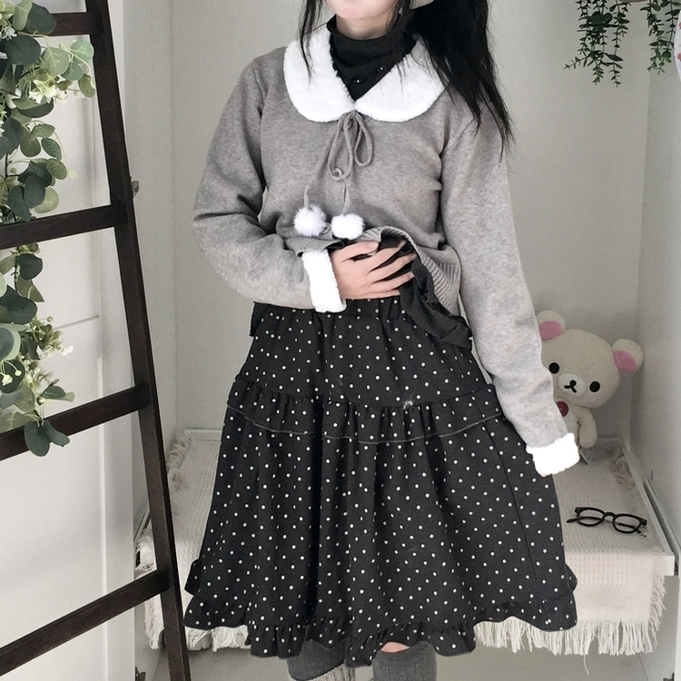 쿠키 빈티지 윈터 미디 모리걸 도트 프릴캉캉 밴딩 미디스커트 차콜