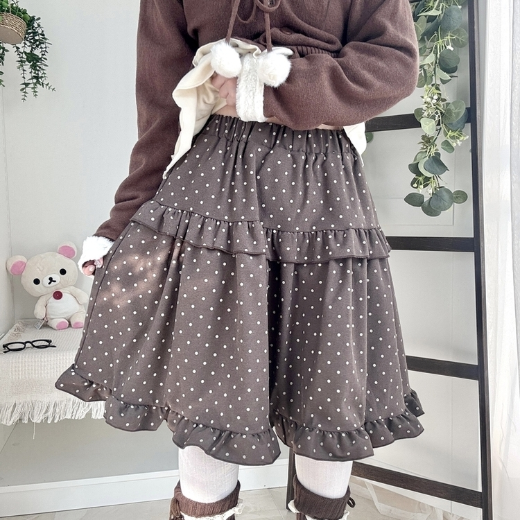 쿠키 빈티지 윈터 미디 모리걸 도트 프릴캉캉 밴딩 미디스커트 브라운