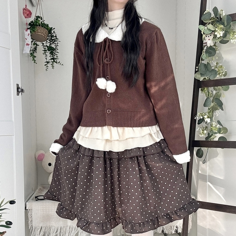 쿠키 빈티지 윈터 미디 모리걸 도트 프릴캉캉 밴딩 미디스커트 브라운