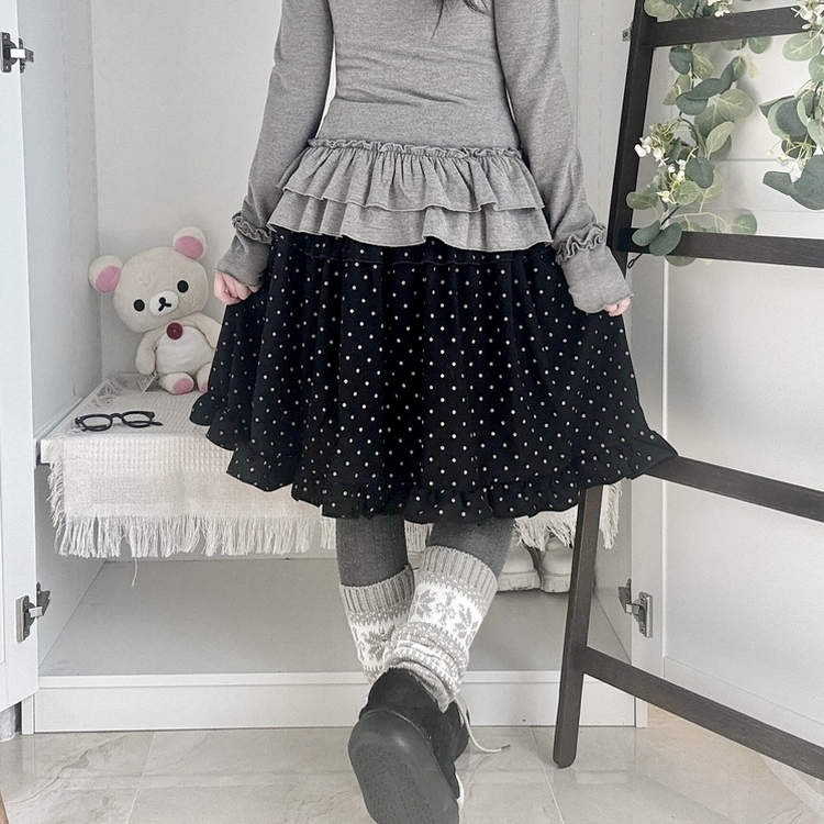 쿠키 빈티지 윈터 미디 모리걸 도트 프릴캉캉 밴딩 미디스커트 블랙