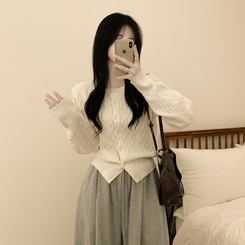 기본가디건 꽈배기 케이블 라운드 세미크롭 겨울 봄 간절기 니트가디건 아이보리