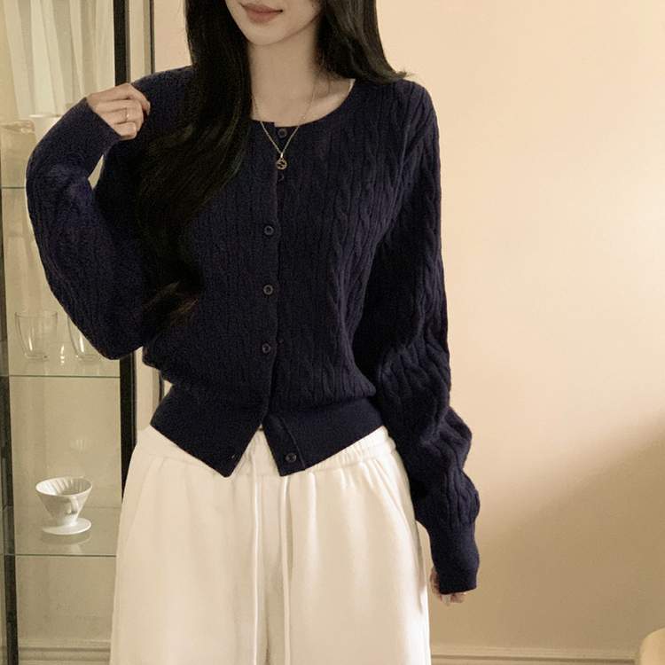 기본가디건 꽈배기 케이블 라운드 세미크롭 겨울 봄 간절기 니트가디건 네이비