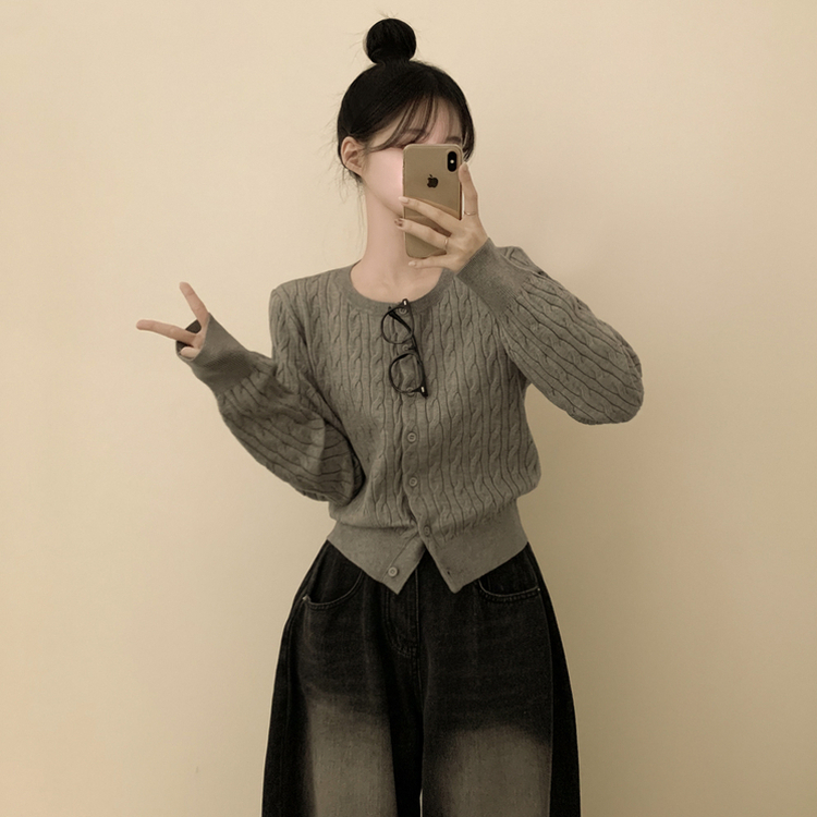 기본가디건 꽈배기 케이블 라운드 세미크롭 겨울 봄 간절기 니트가디건 그레이