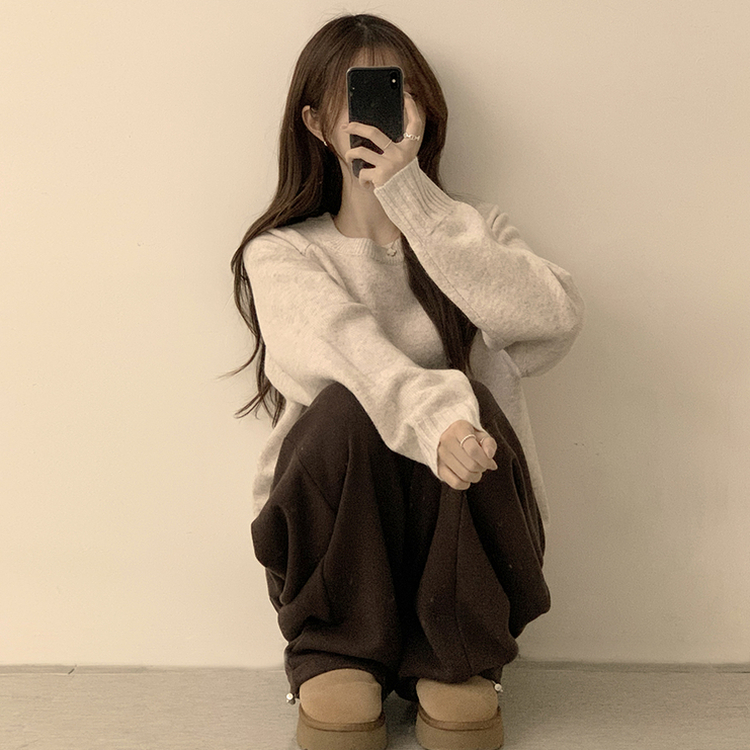 3가지 사이즈 지니 라운드 오버핏 울 겨울 긴팔 니트 베이지