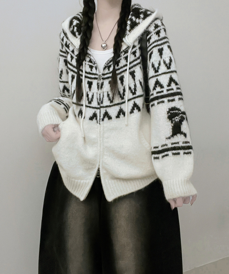 폴딩브이노르딕패턴투웨이박스핏울니트후드집업