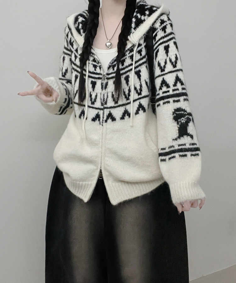 폴딩브이노르딕패턴투웨이박스핏울니트후드집업