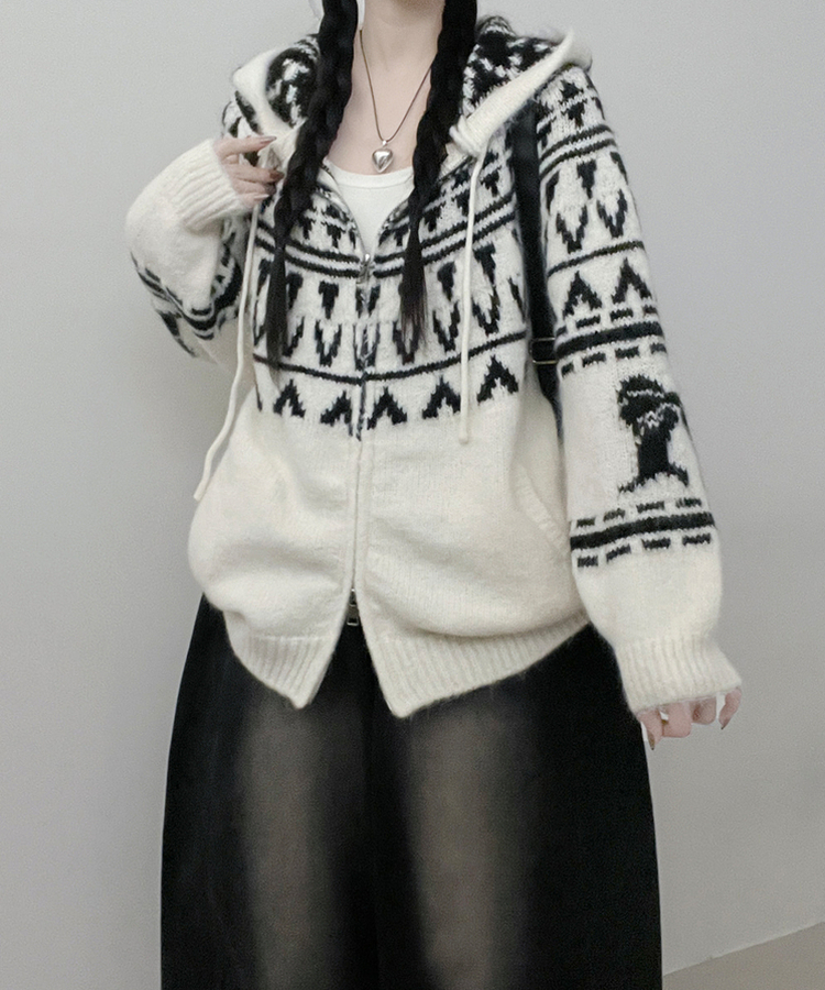 폴딩브이노르딕패턴투웨이박스핏울니트후드집업