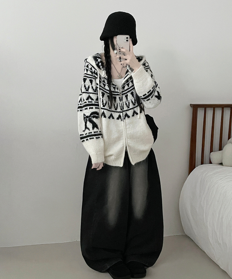 폴딩브이노르딕패턴투웨이박스핏울니트후드집업