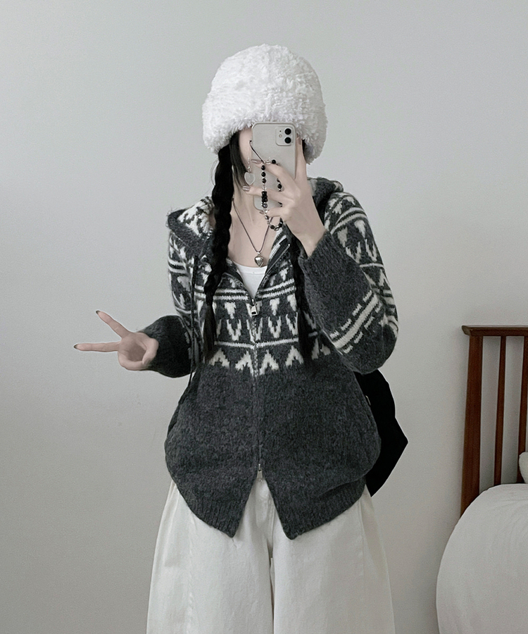 폴딩브이노르딕패턴투웨이박스핏울니트후드집업