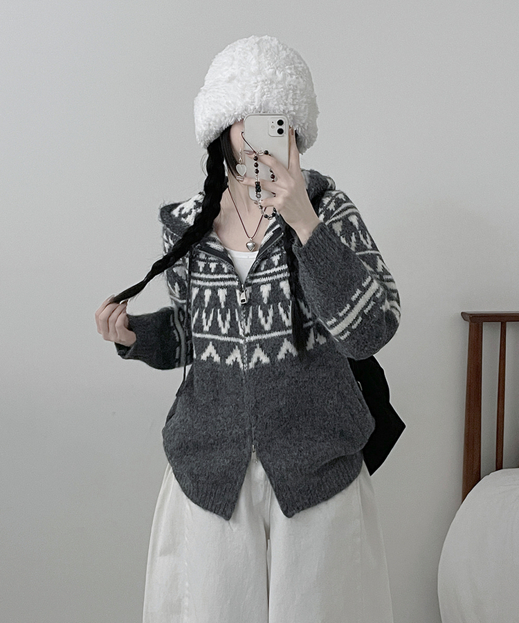 폴딩브이노르딕패턴투웨이박스핏울니트후드집업