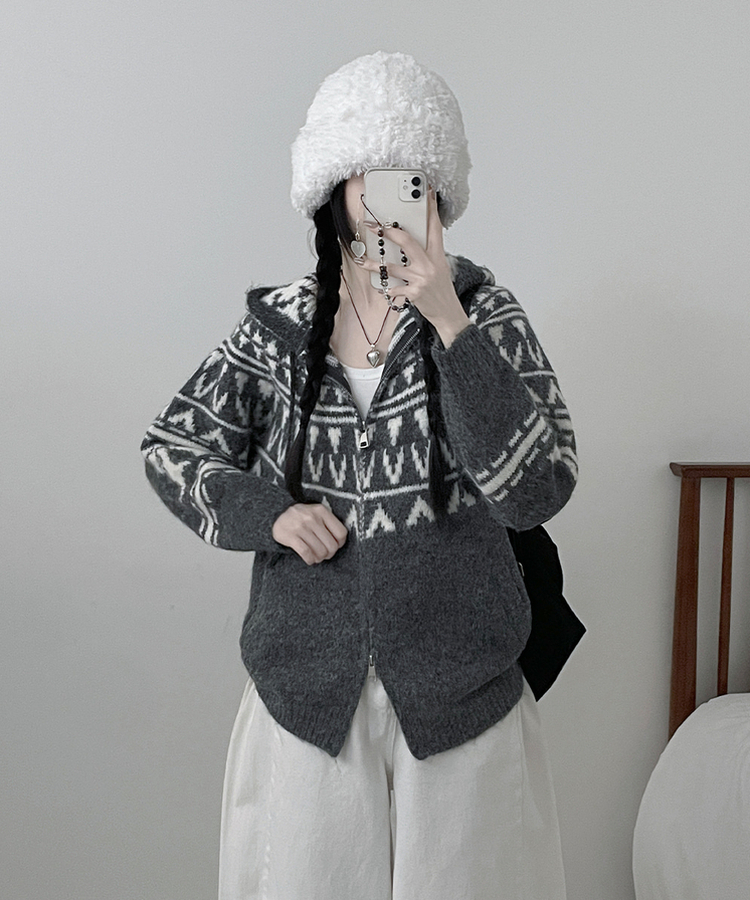 폴딩브이노르딕패턴투웨이박스핏울니트후드집업