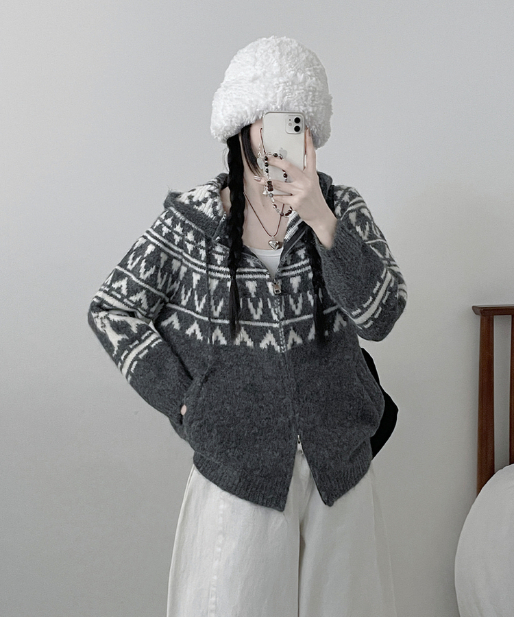 폴딩브이노르딕패턴투웨이박스핏울니트후드집업