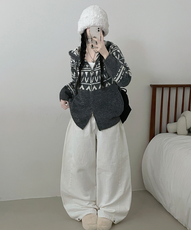 폴딩브이노르딕패턴투웨이박스핏울니트후드집업