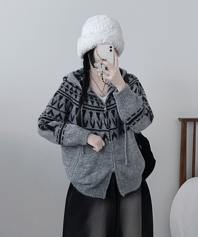 폴딩브이노르딕패턴투웨이박스핏울니트후드집업