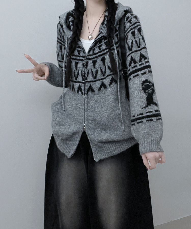 폴딩브이노르딕패턴투웨이박스핏울니트후드집업