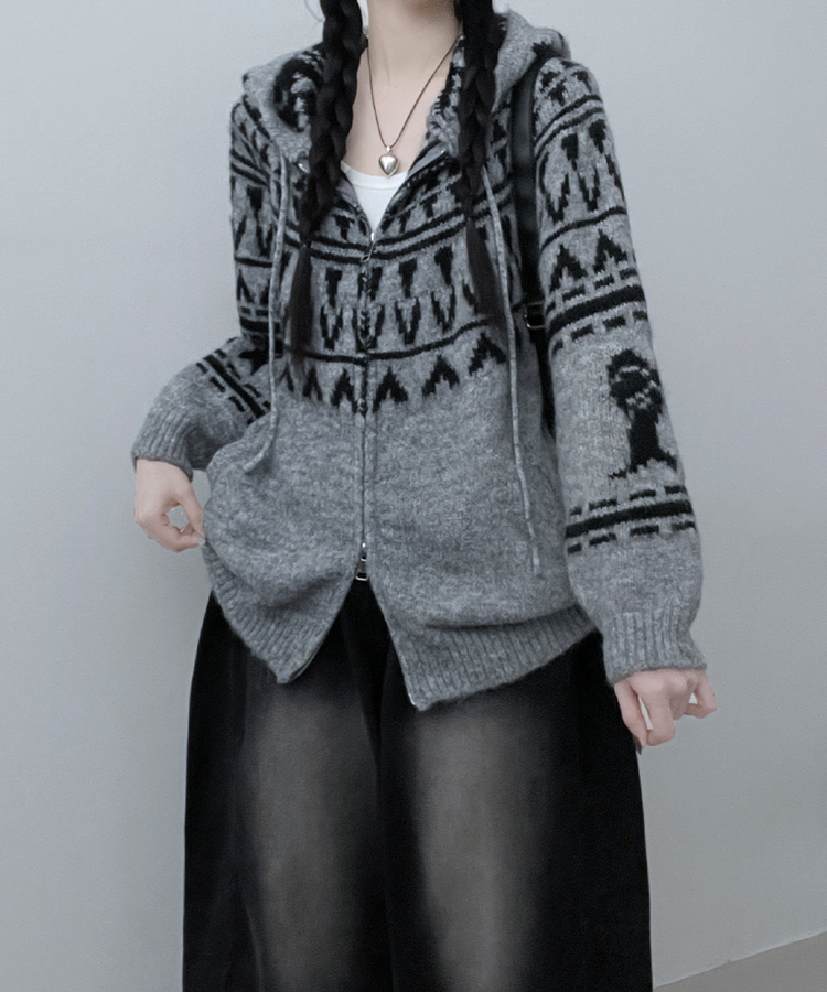 폴딩브이노르딕패턴투웨이박스핏울니트후드집업