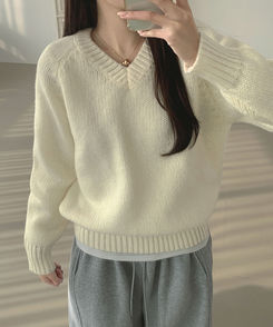 Vネックリブルーズデイリーニット(8color) IVORY