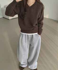 Vネックリブルーズデイリーニット(8color) BROWN