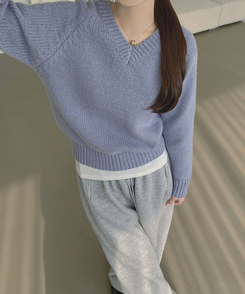 Vネックリブルーズデイリーニット(8color) SKY BLUE