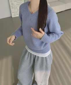 Vネックリブルーズデイリーニット(8color) SKY BLUE