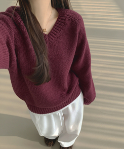 Vネックリブルーズデイリーニット(8color) WINE