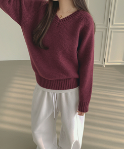 Vネックリブルーズデイリーニット(8color) WINE