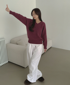 Vネックリブルーズデイリーニット(8color) WINE