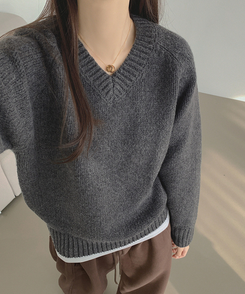 Vネックリブルーズデイリーニット(8color) CHARCOAL