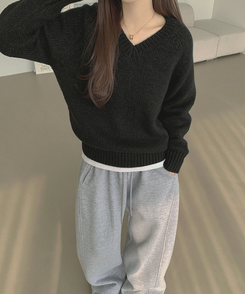 Vネックリブルーズデイリーニット(8color) BLACK