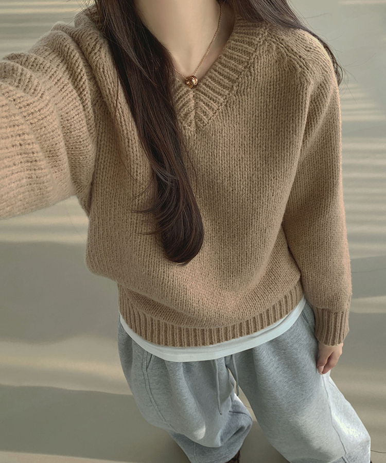 Vネックリブルーズデイリーニット(8color) BEIGE