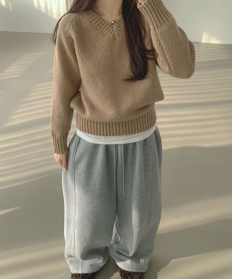 Vネックリブルーズデイリーニット(8color) BEIGE