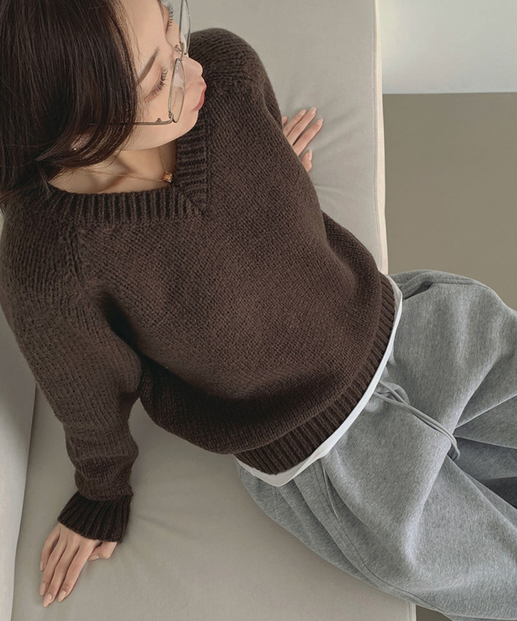 Vネックリブルーズデイリーニット(8color) BROWN