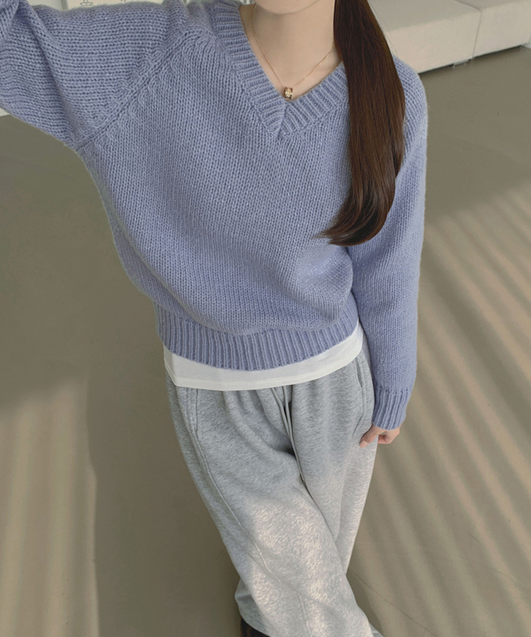 Vネックリブルーズデイリーニット(8color) SKY BLUE
