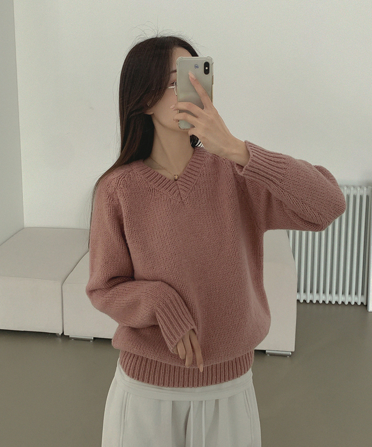 Vネックリブルーズデイリーニット(8color) PINK