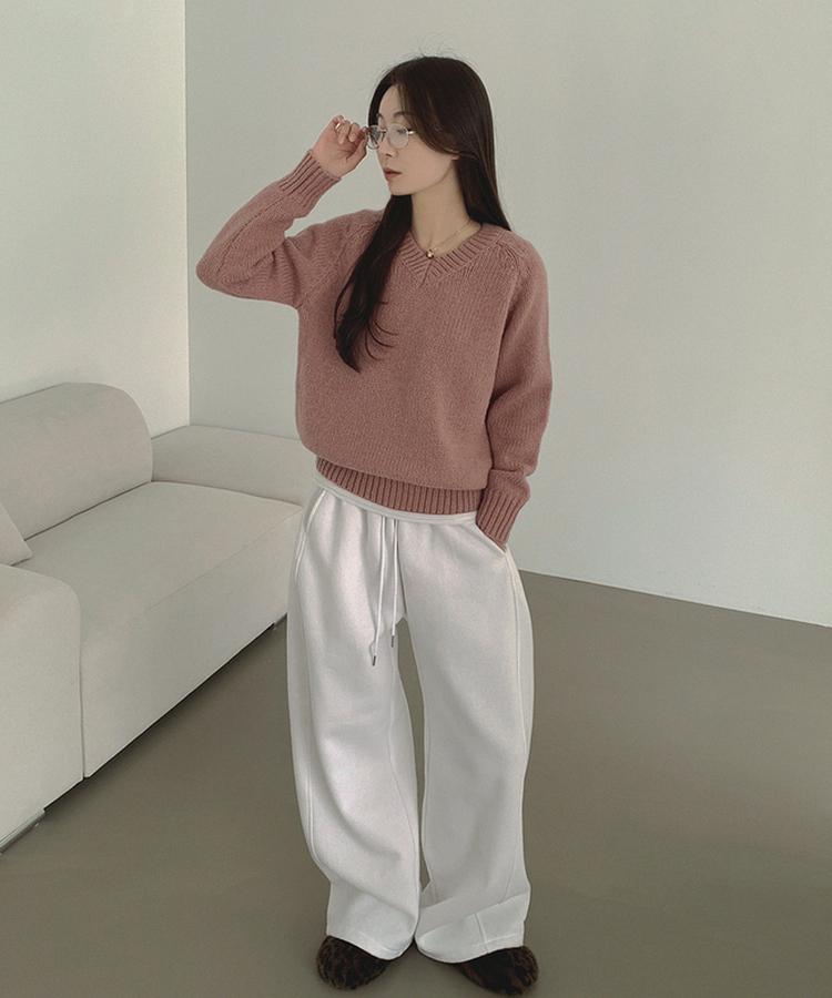 Vネックリブルーズデイリーニット(8color) PINK