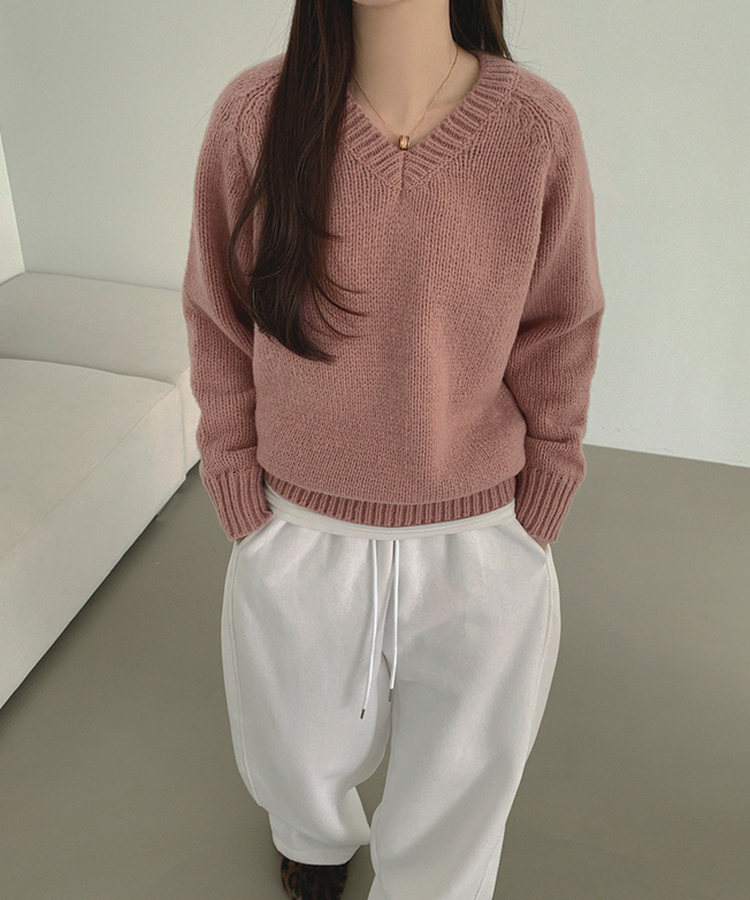 Vネックリブルーズデイリーニット(8color) PINK
