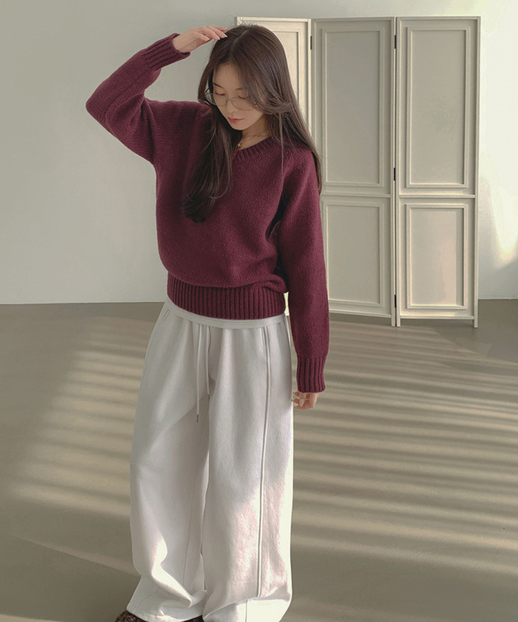 Vネックリブルーズデイリーニット(8color) WINE