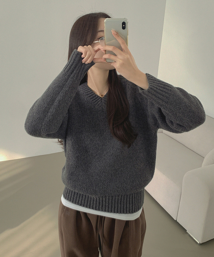 Vネックリブルーズデイリーニット(8color) CHARCOAL