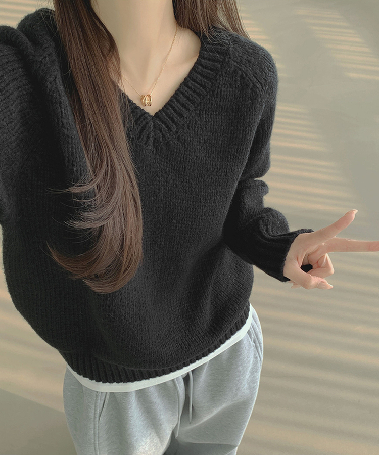 Vネックリブルーズデイリーニット(8color) BLACK