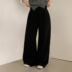 【丈別】【起毛】ツーピンタックボタンワイドスラックスパンツ BLACK