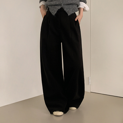 【丈別】【起毛】ツーピンタックボタンワイドスラックスパンツ BLACK