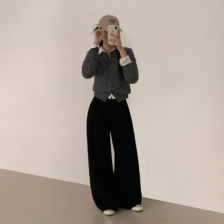 【丈別】【起毛】ツーピンタックボタンワイドスラックスパンツ BLACK