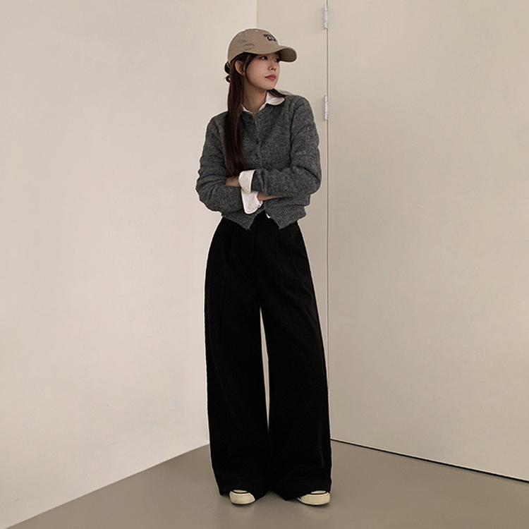 【丈別】【起毛】ツーピンタックボタンワイドスラックスパンツ BLACK