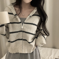 ストライプルーズニットフードジップアップ BEIGE