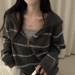 ストライプルーズニットフードジップアップ GREY