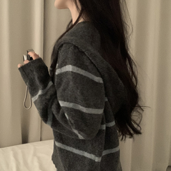 ストライプルーズニットフードジップアップ GREY