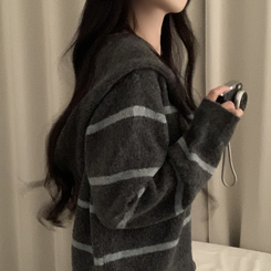 ストライプルーズニットフードジップアップ GREY