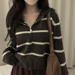 ストライプルーズニットフードジップアップ BROWN